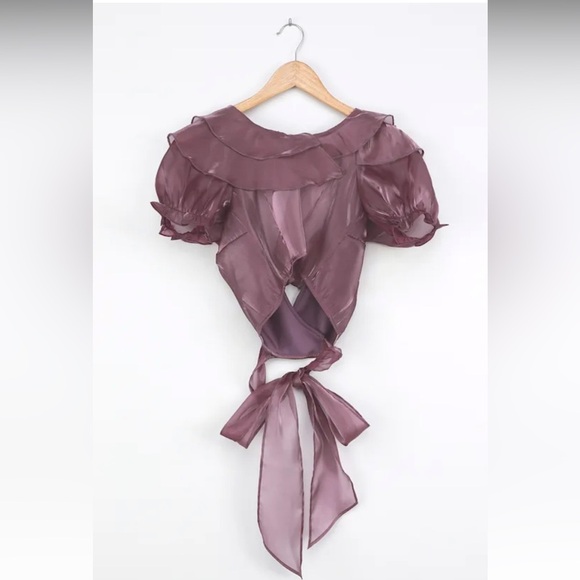 Lulus Master of Style Mauve Purple Puff Sleeve Cropped Wrap Top - Picture 5 of 9